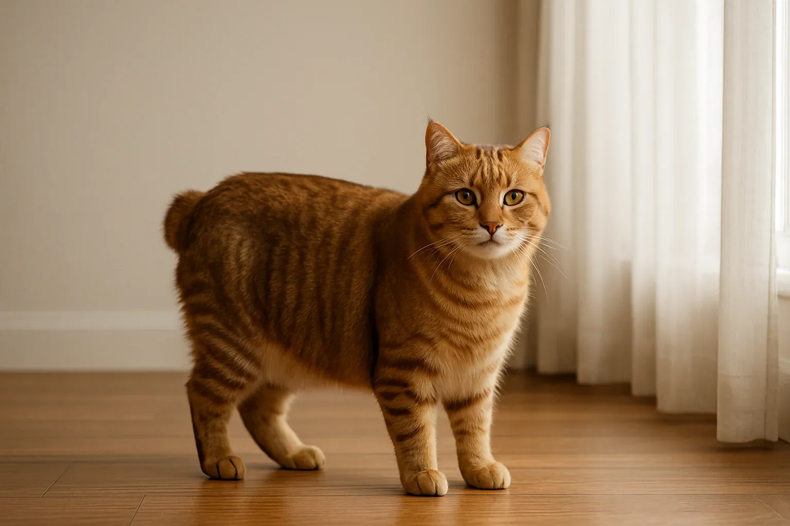 An American Bobtail cat being gently brushed by a person's hand on a soft blanket.