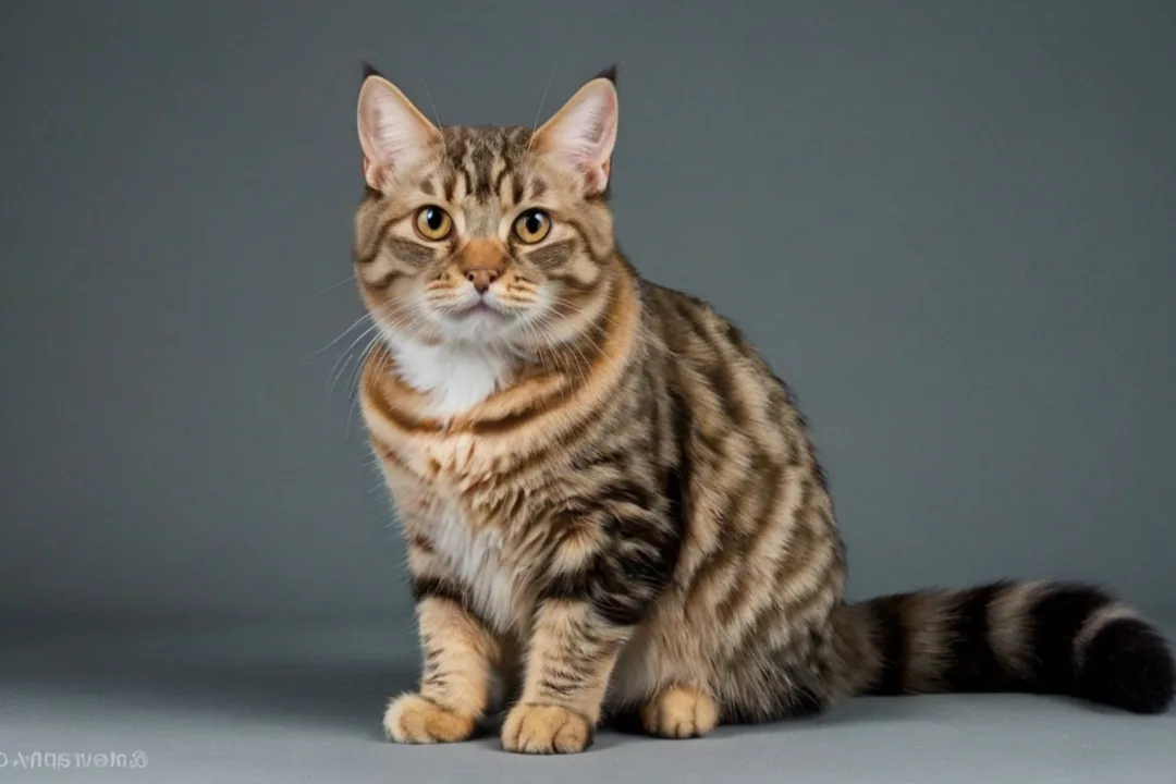 An American Bobtail cat sitting calmly with a person, being gently petted.