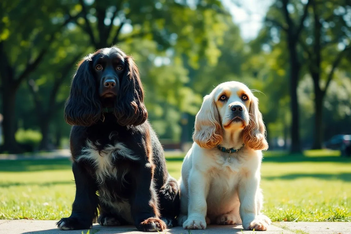 A healthy American Cocker Spaniel sitting on a grassy lawn, looking alert and happy.