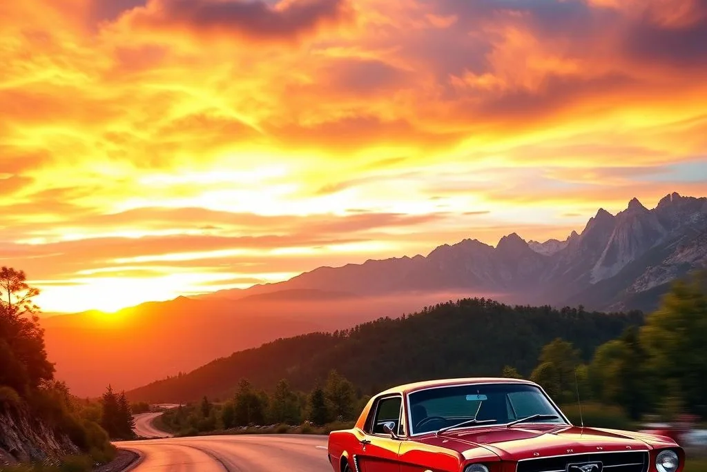A majestic American Mustang galloping across a vast open prairie under a golden sunset sky.