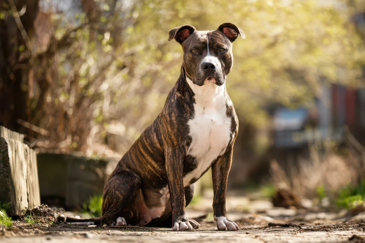An American Pit Bull Terrier standing in a historical farm setting