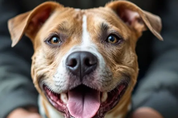 A friendly American Pit Bull Terrier sitting calmly beside a person on a couch.