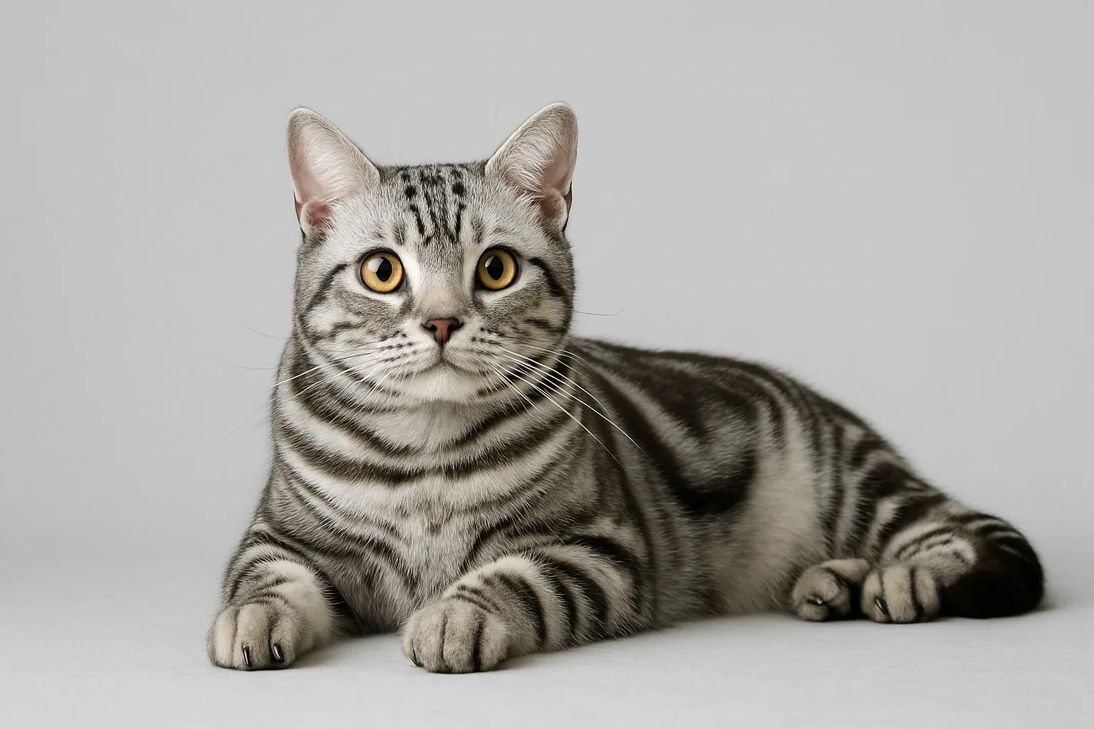 An American Shorthair cat sitting calmly, looking directly at the camera, in a home setting.