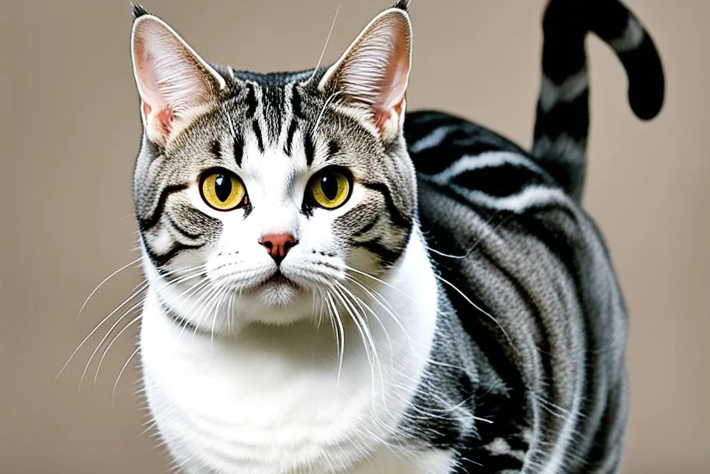 An American Shorthair cat sitting regally on a vintage wooden table.