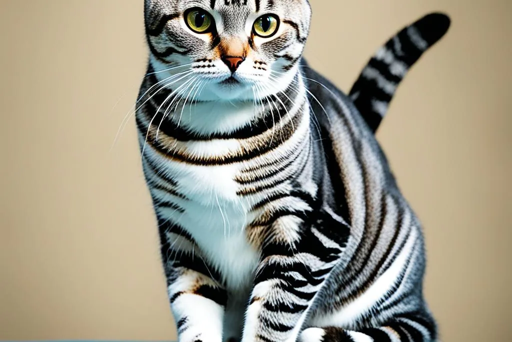 An American Shorthair cat with a muscular build and short, dense coat standing in a well-lit room.
