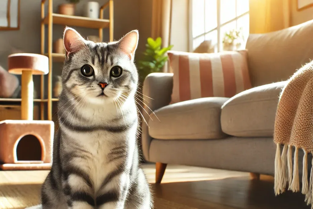 An American Shorthair cat sitting calmly on a cozy sofa, looking at the camera.