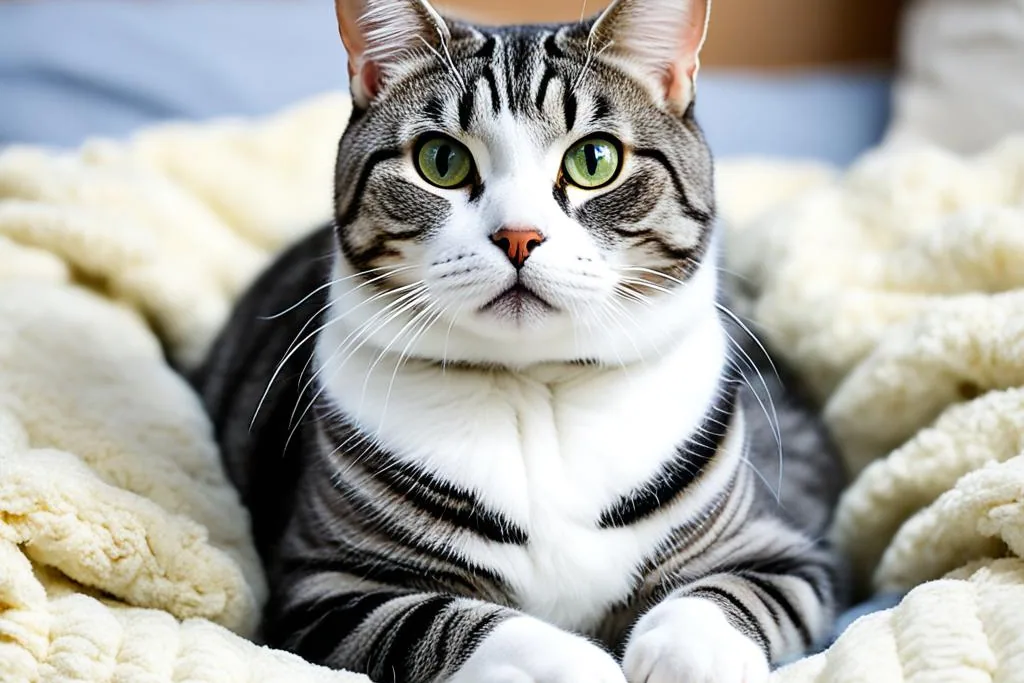 An American Shorthair cat resting on a cozy cat bed indoors