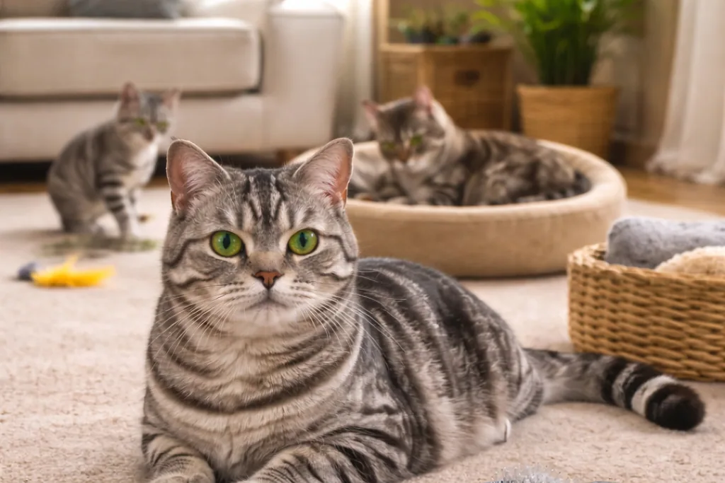 An American Shorthair cat being gently brushed by a person's hand on a soft blanket.