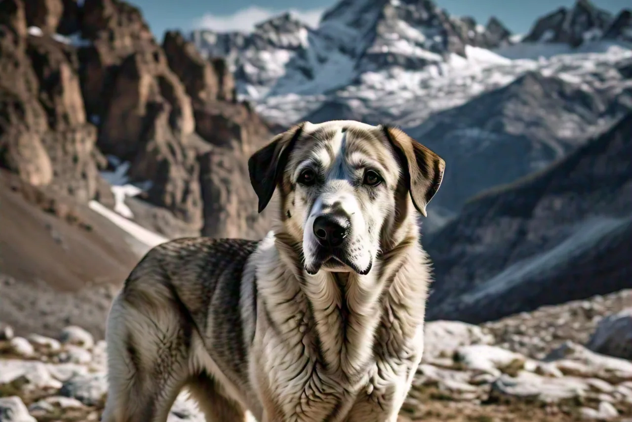 An Anatolian Shepherd Dog standing in a rugged, ancient landscape.
