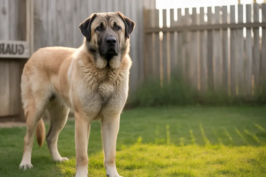 An Anatolian Shepherd Dog standing alertly in a grassy field, looking protective.