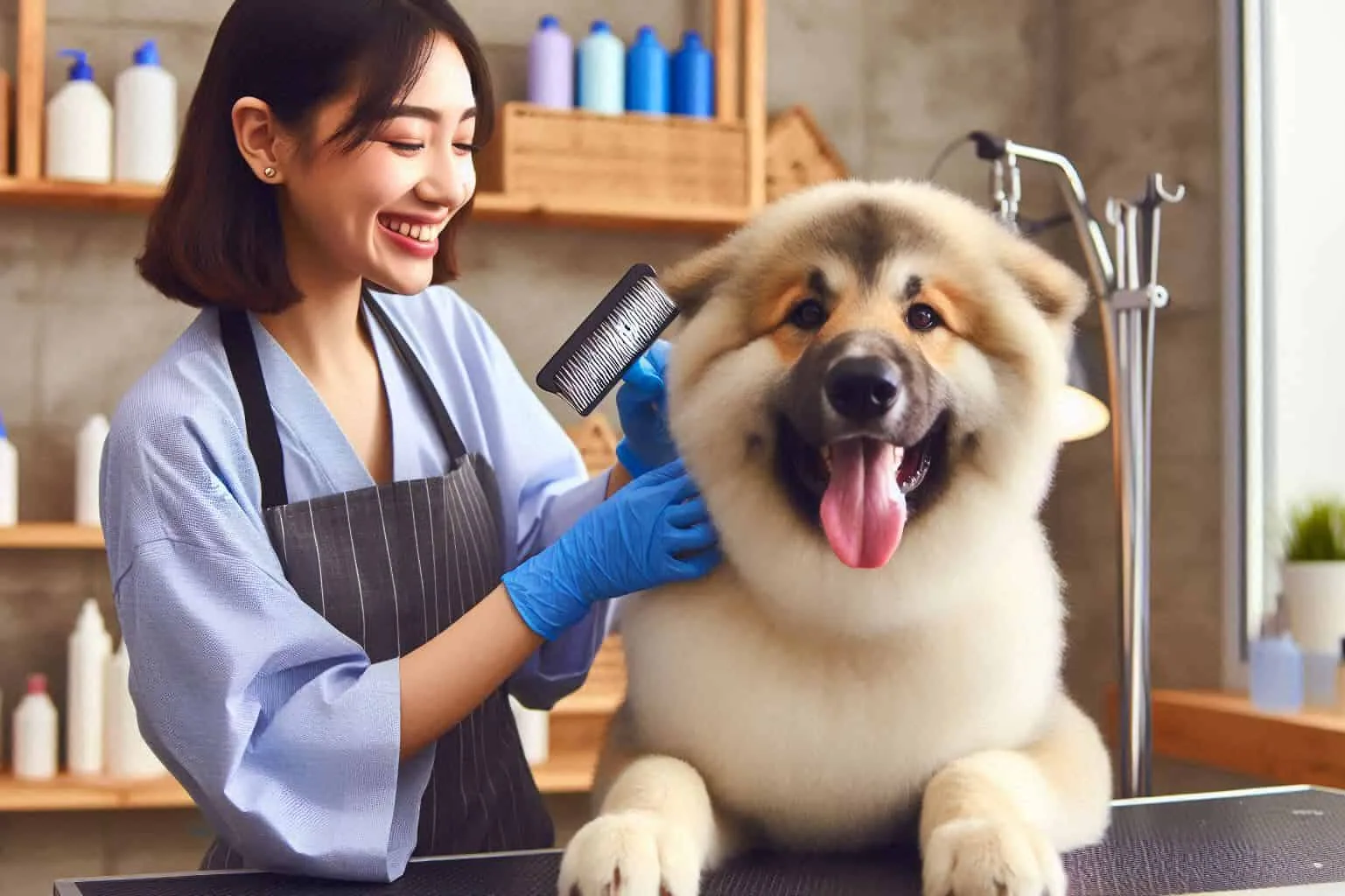 An Anatolian Shepherd Dog being brushed by a person in a yard