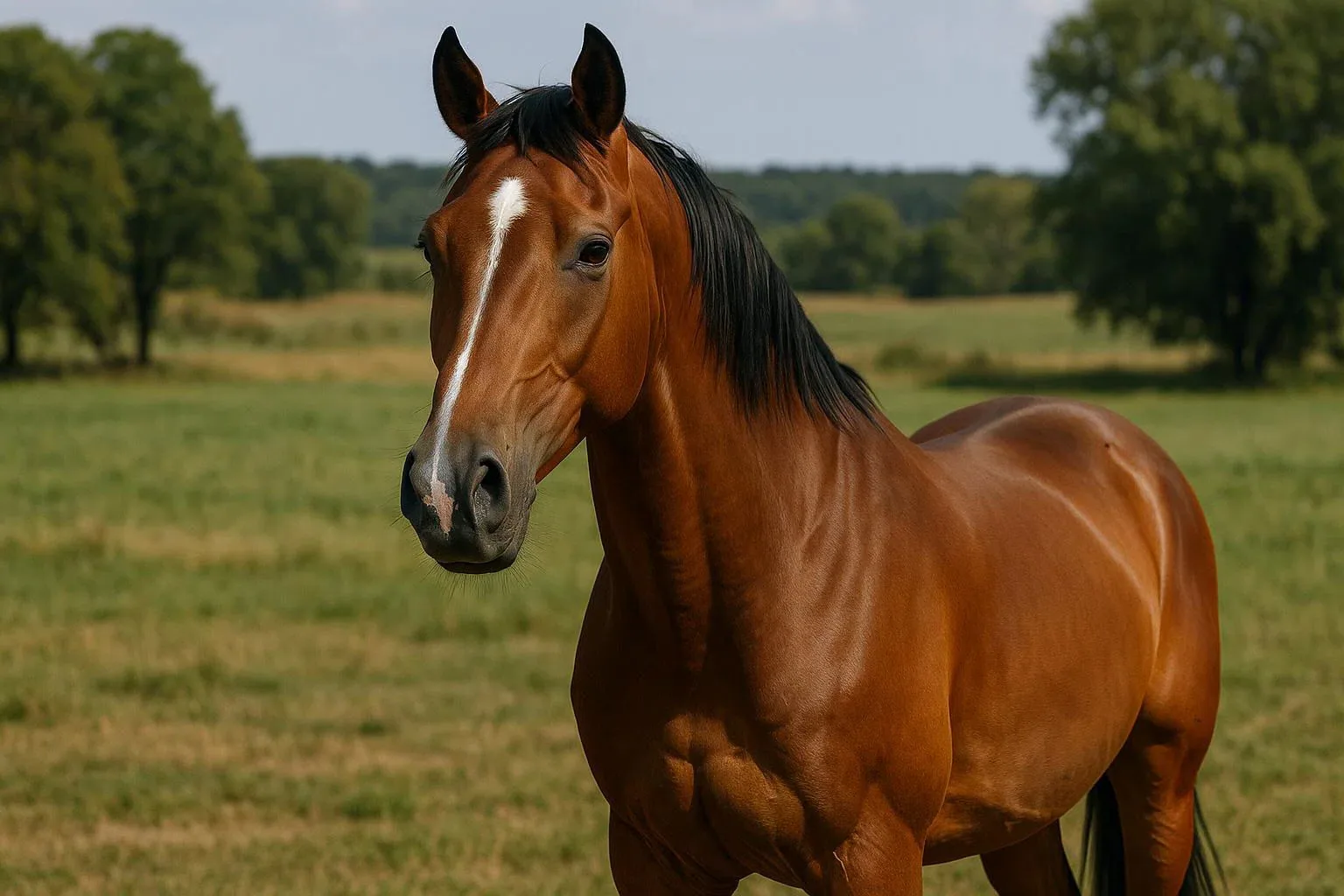 An Anglo-Arabian horse standing calmly in a pasture, looking at the camera.