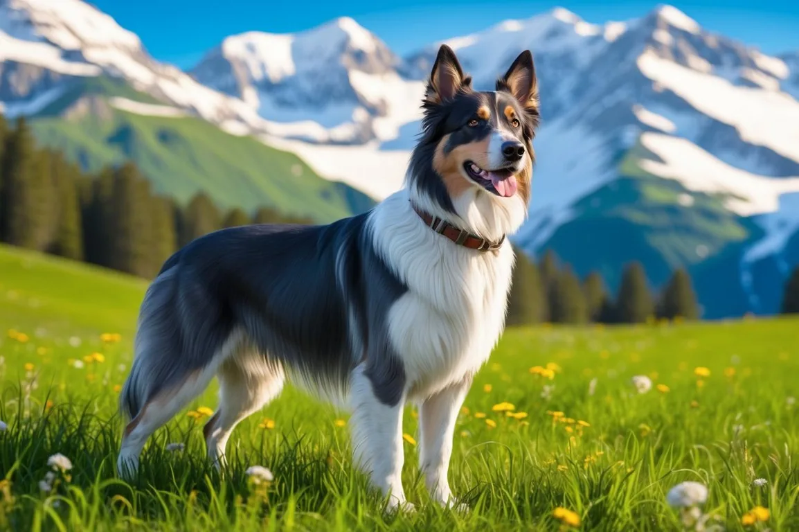 An Appenzell Mountain Dog standing in a rustic Swiss mountain landscape.