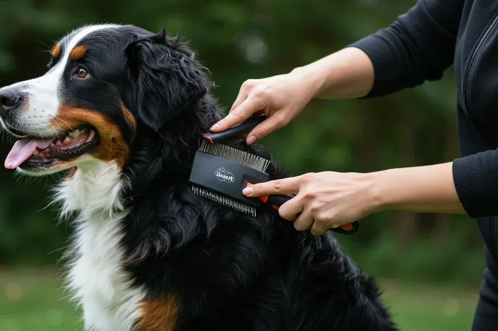 An Appenzell Mountain Dog being brushed by a person in a sunny yard.