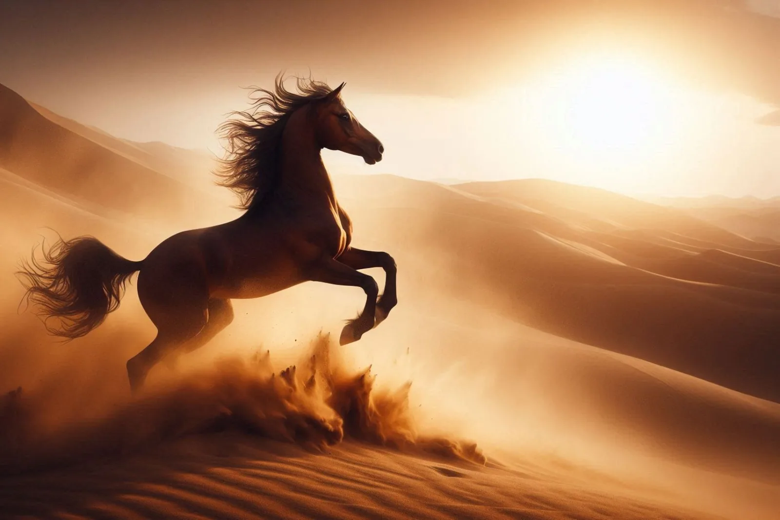 An Arabian horse standing in a desert landscape with mountains in the background.