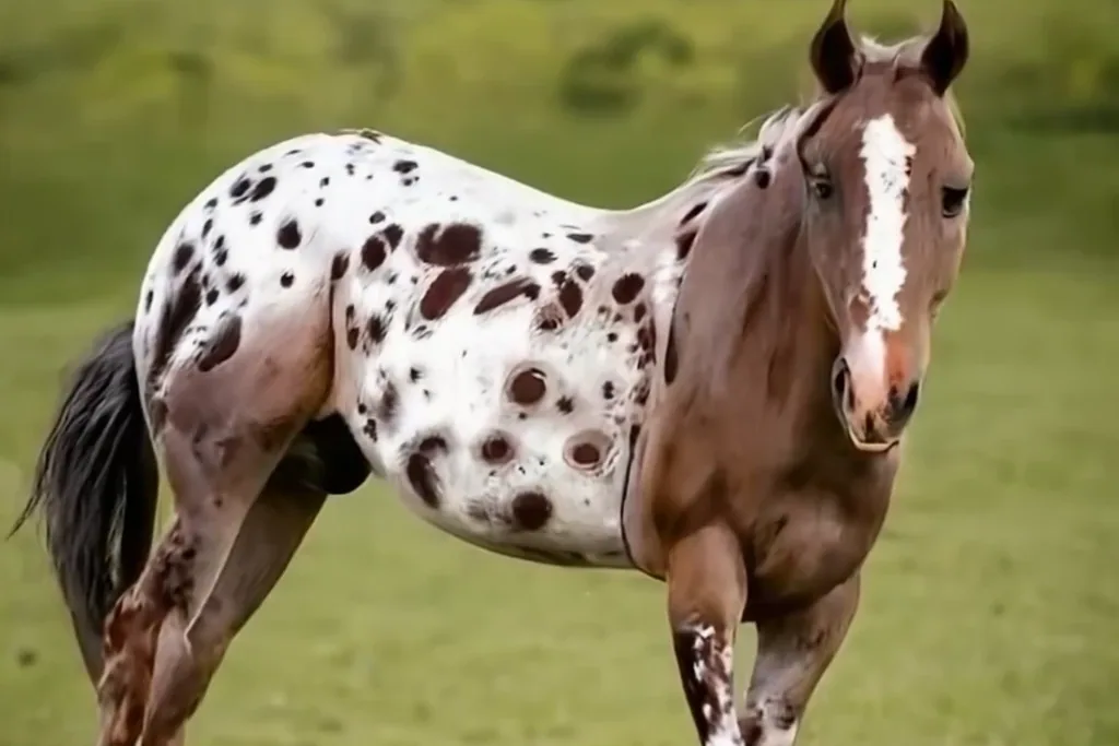A spotted Arappaloosa horse standing in a grassy field, showing its coat pattern.