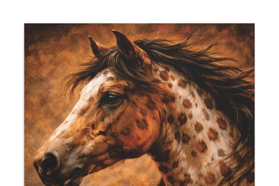 A close-up of an Appaloosa horse looking directly at the camera in a pasture.
