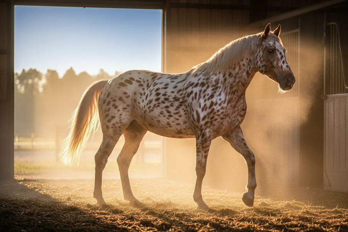A person brushing a glossy Appaloosa horse in a stable.