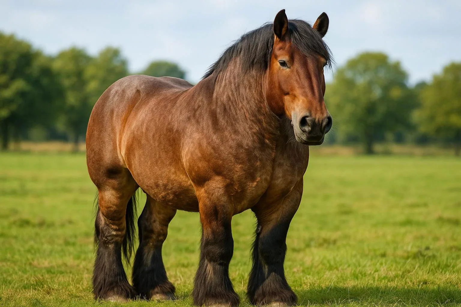 A majestic Ardennes horse standing in a grassy field, looking directly at the camera.