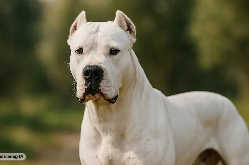 An Argentine Dogo standing in a grassy field with a leash attached to its collar.