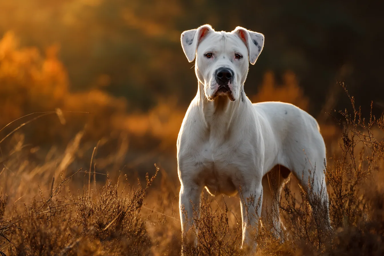 An Argentine Dogo standing alertly in a sunny backyard, looking loyal and confident.