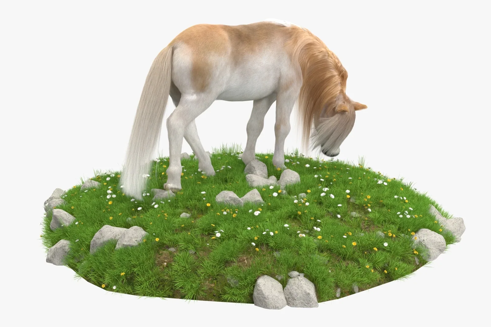 Ariegeois Pony grazing in a lush meadow with mountains in background