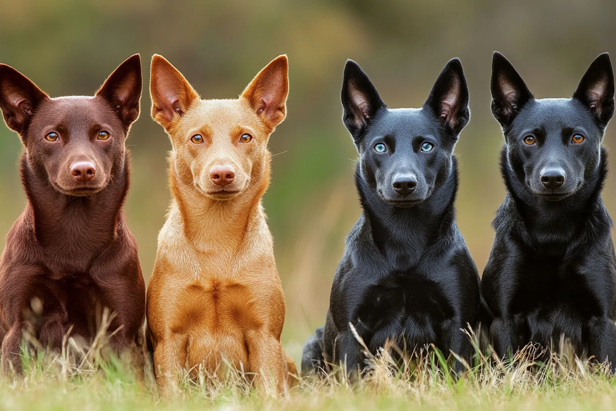An Australian Kelpie sitting alertly in a grassy field, looking at the camera.