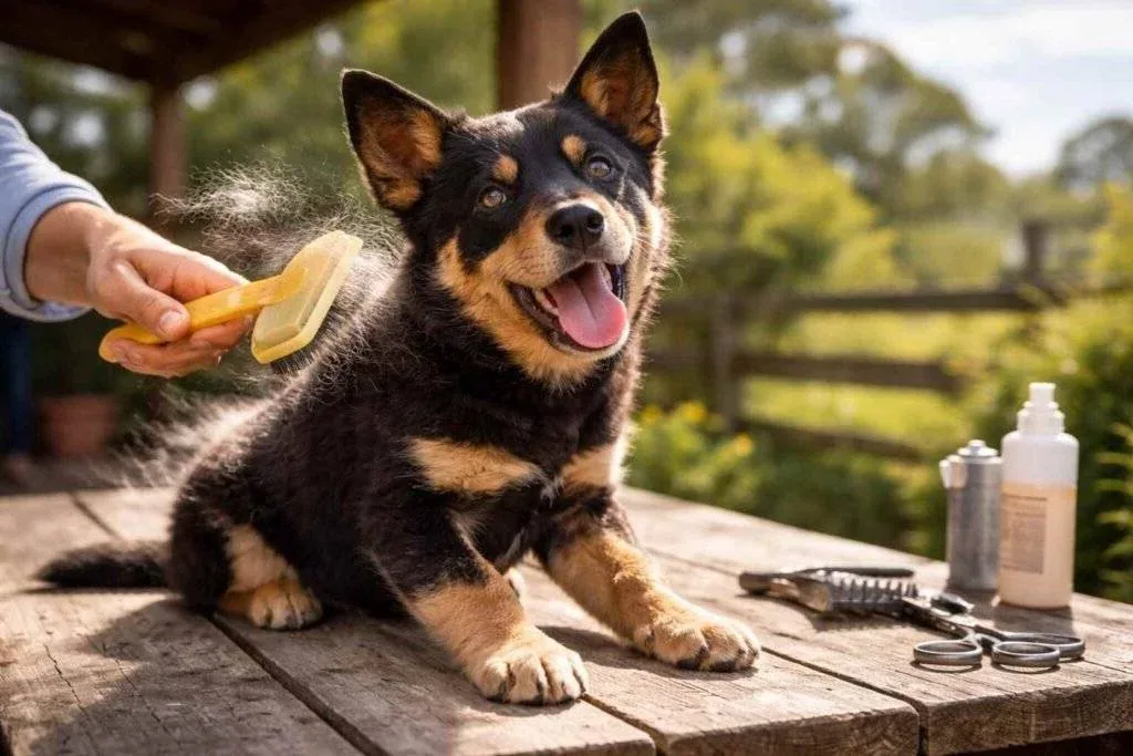 An Australian Kelpie being brushed by a person in a sunny backyard.