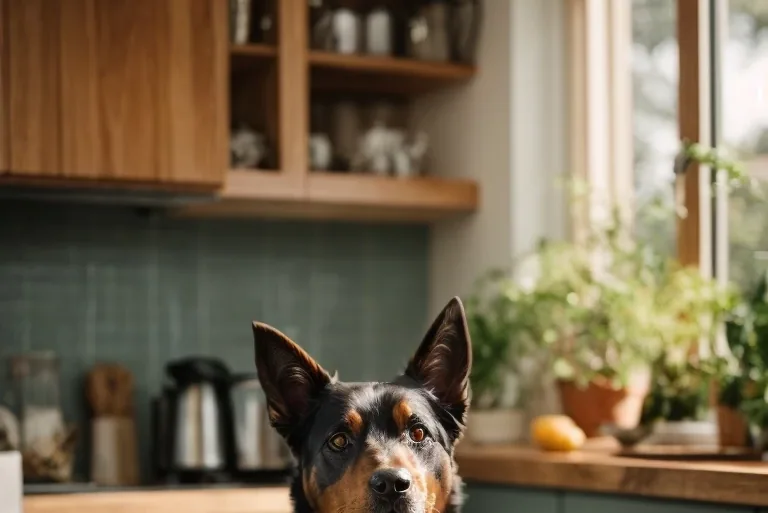 An Australian Kelpie eating from a bowl of dog food in a kitchen.