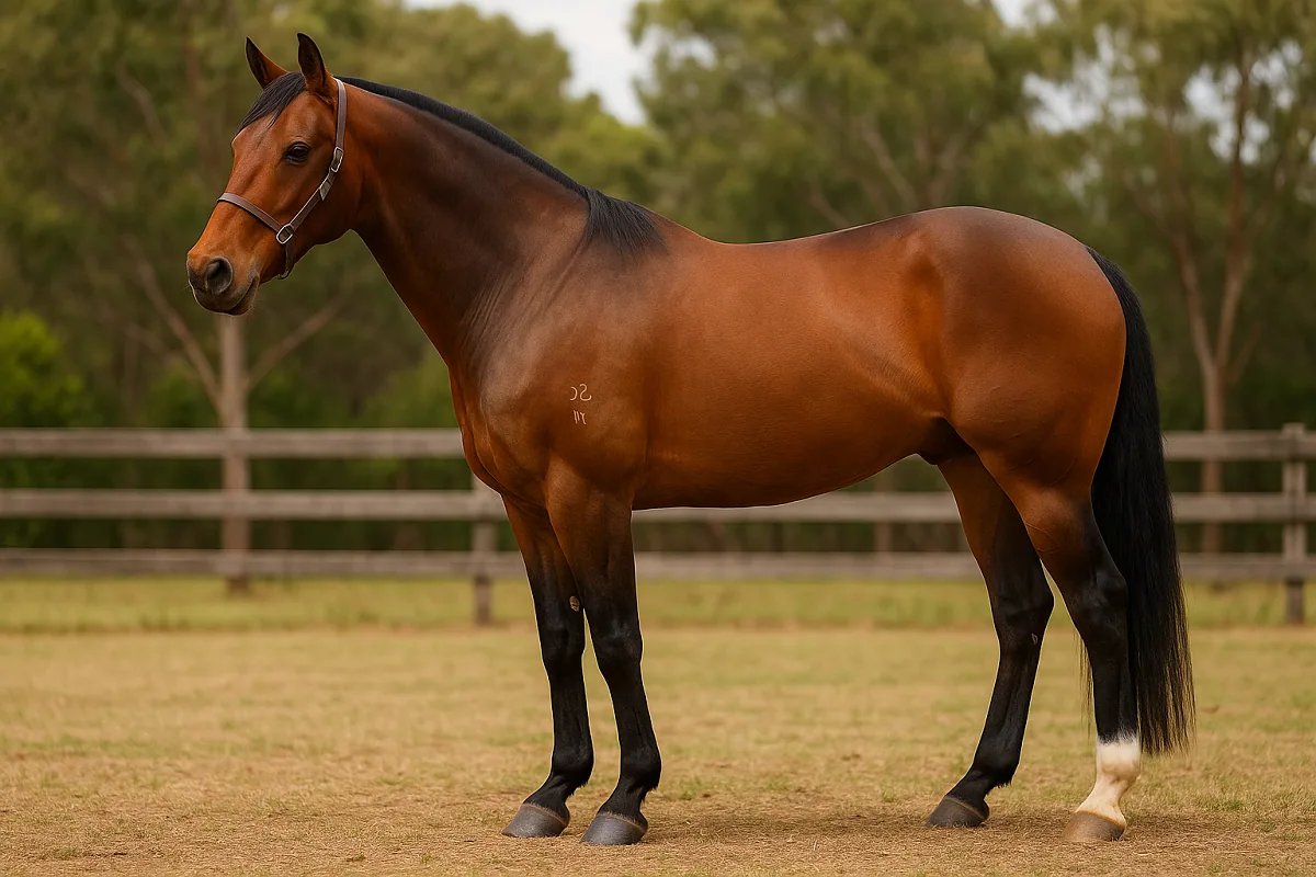 An Australian Stock Horse standing calmly in a pasture, looking directly at the camera.