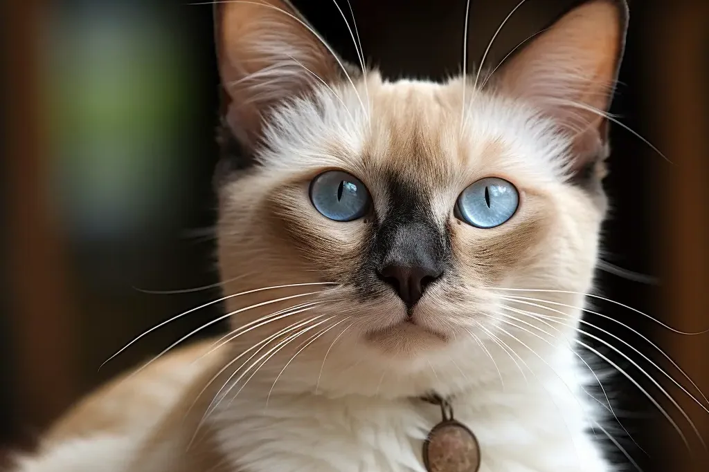 A Balinese cat sitting gracefully on a vintage chair, looking regal.