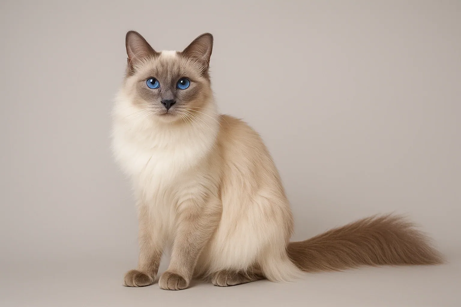 A Balinese cat with striking blue eyes and silky fur sitting gracefully.