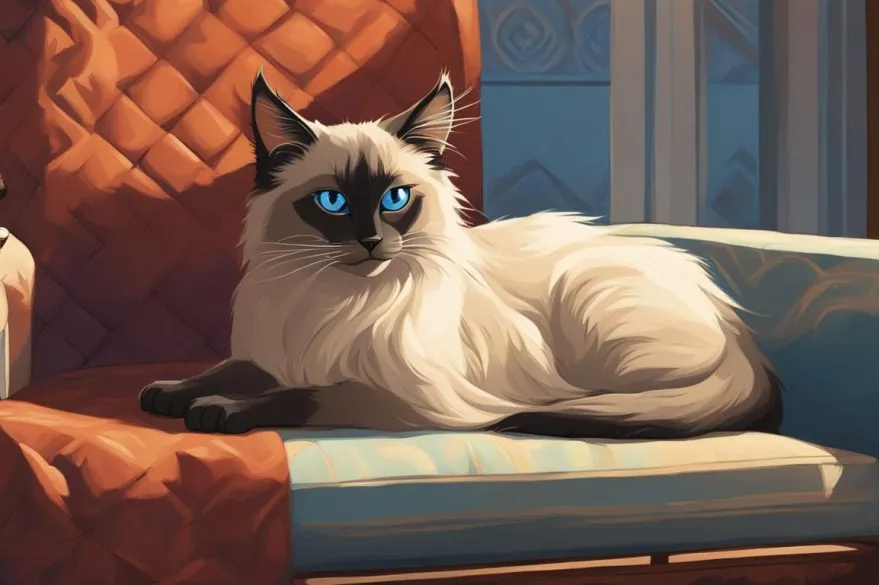 A Balinese cat sitting calmly on a couch, looking at the camera.