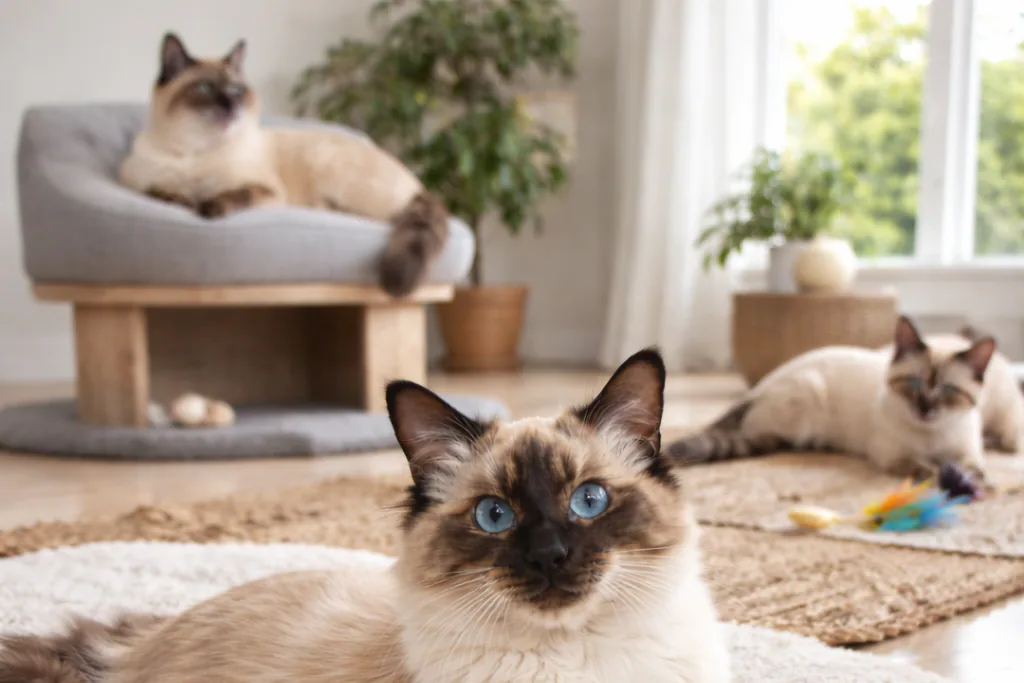 A healthy Balinese cat resting on a soft blanket, looking content.