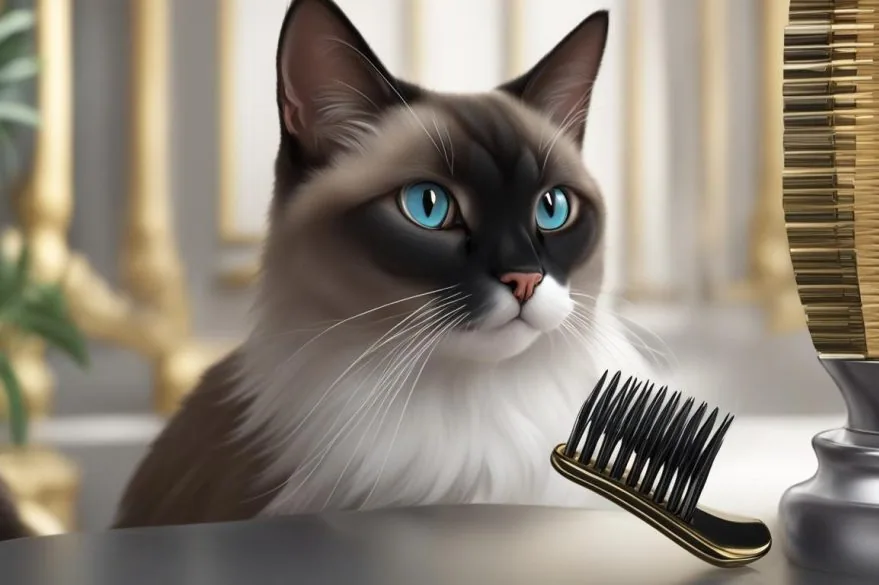 A Balinese cat being gently brushed by a person's hand on a soft blanket.