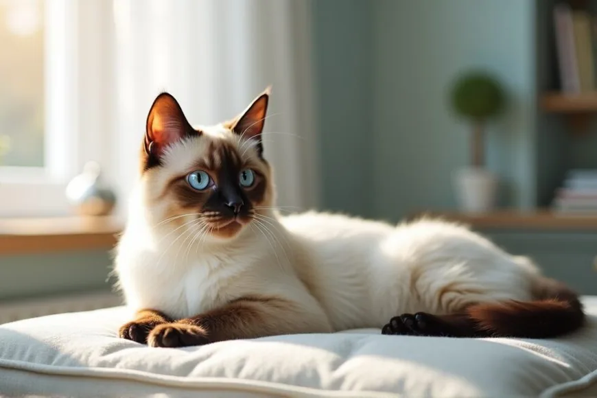 A Balinese cat lounging gracefully on a soft cushion indoors.