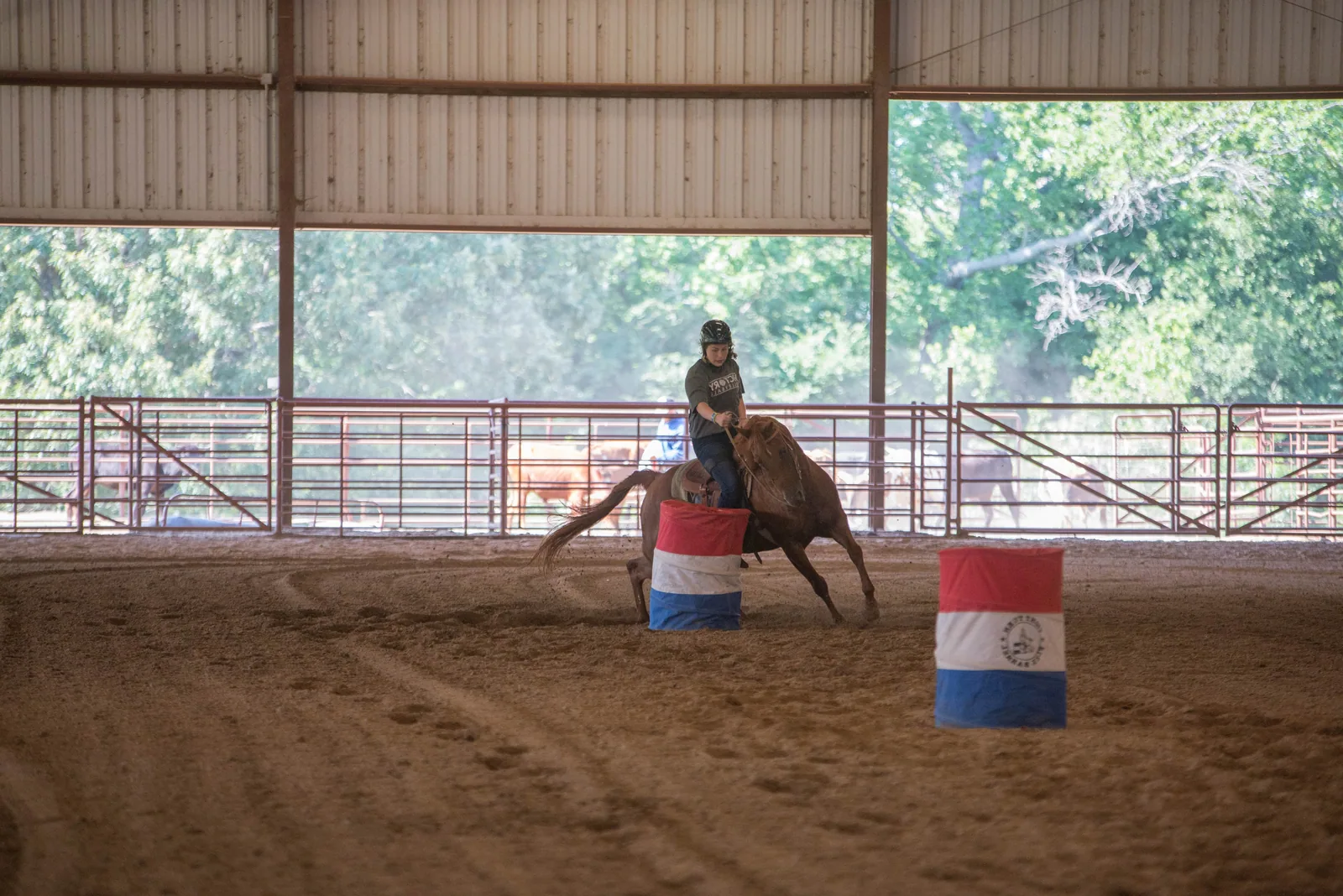 A horse and rider practicing barrel racing in an arena