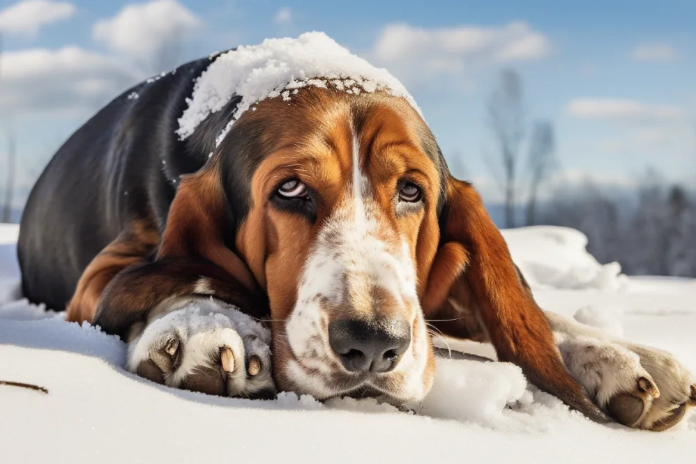 A Basset Hound sitting calmly with a gentle expression in a home setting