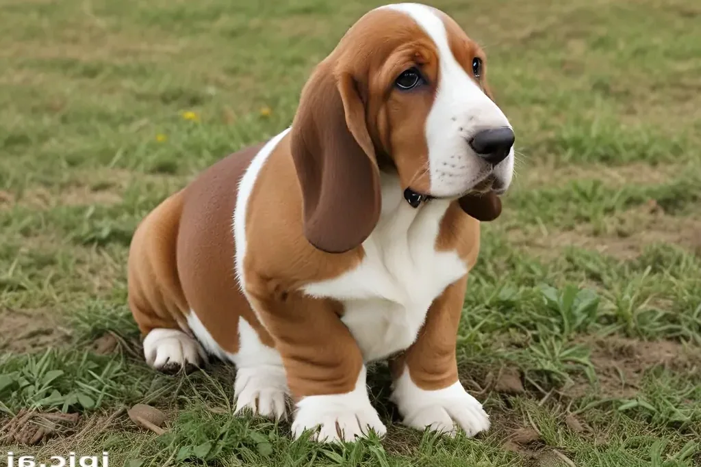 A Basset Hound sitting calmly on a grassy lawn, looking at the camera.