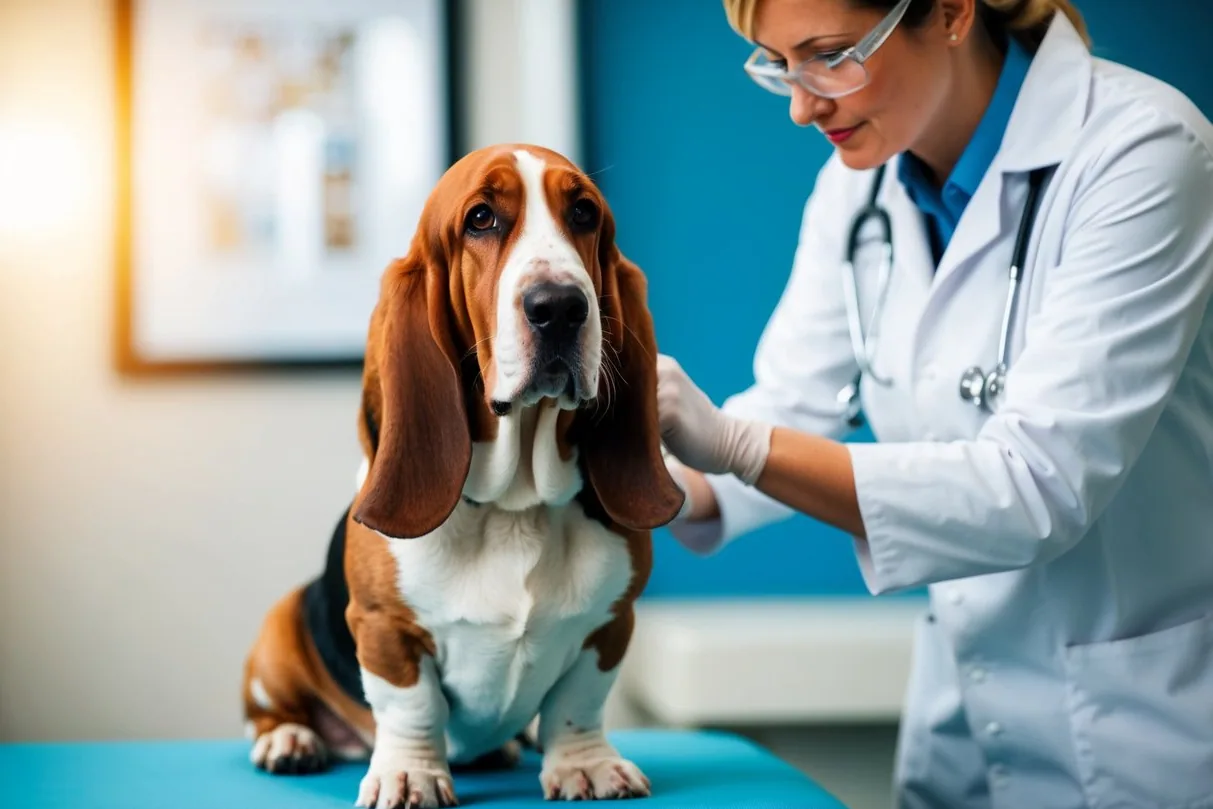 A Basset Hound lying calmly on a vet examination table