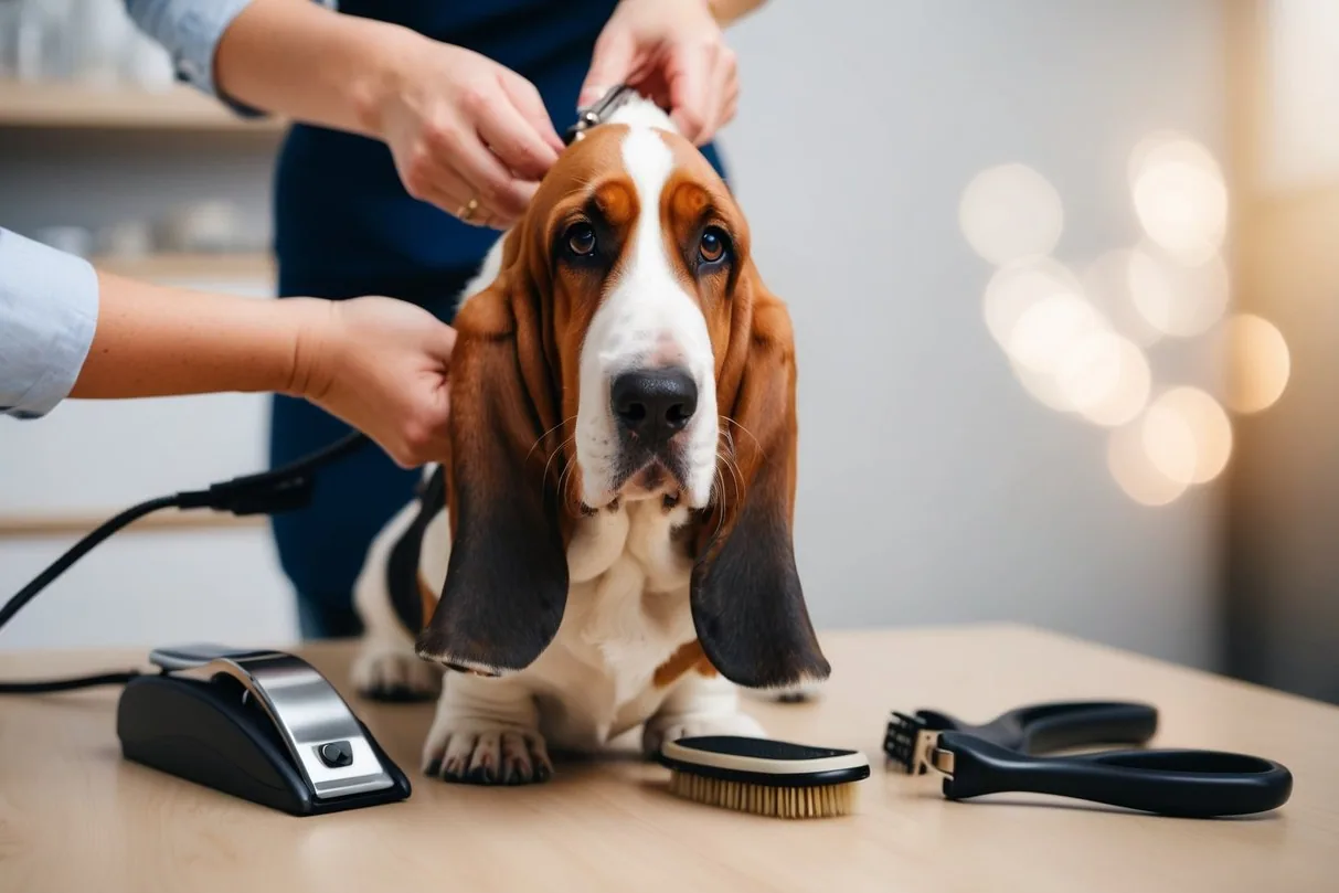 A Basset Hound being brushed by a person in a sunny room.