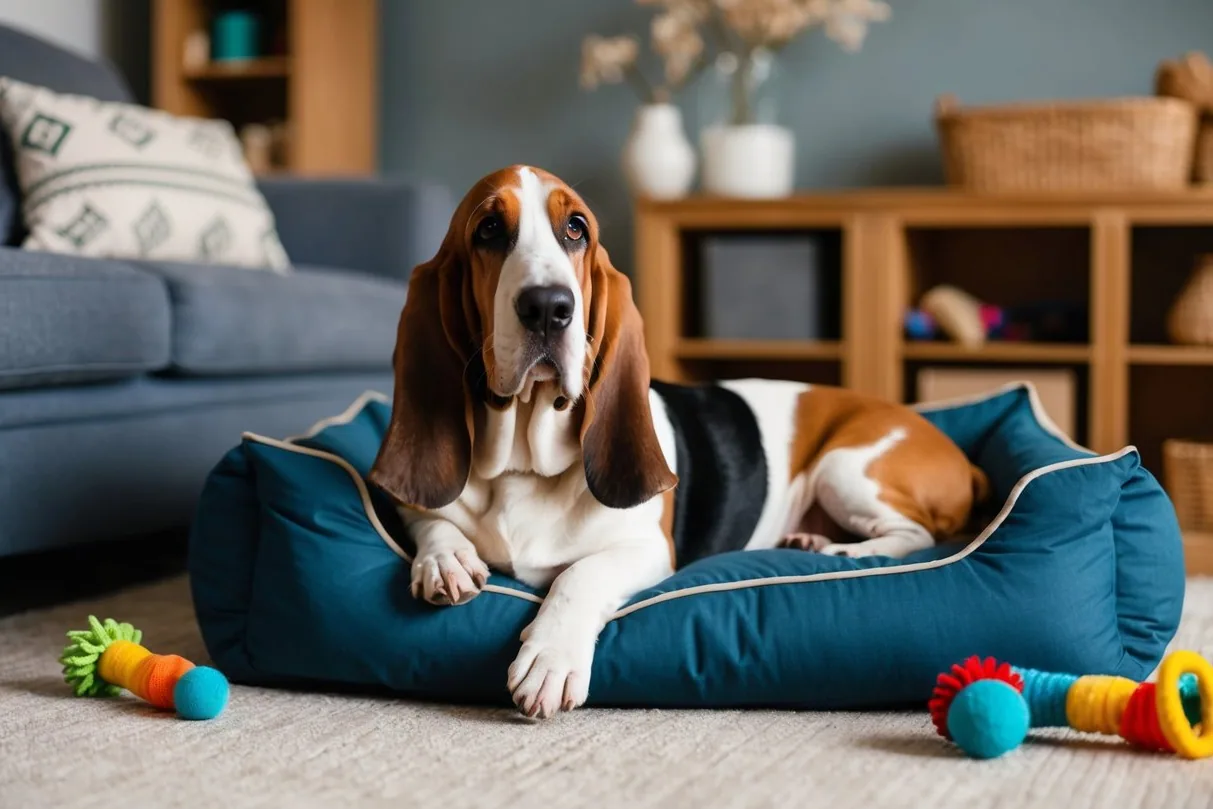 A Basset Hound sitting calmly in a living room setting.