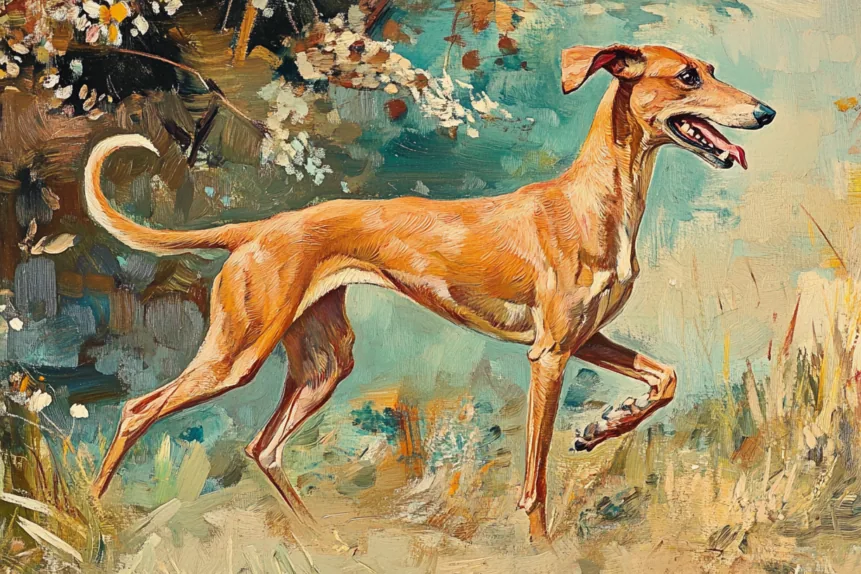 A beagle standing in a grassy field with a historical hunting scene in the background.