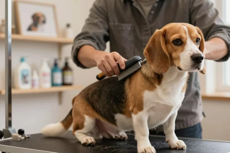 A beagle being brushed by a person in a sunny backyard.