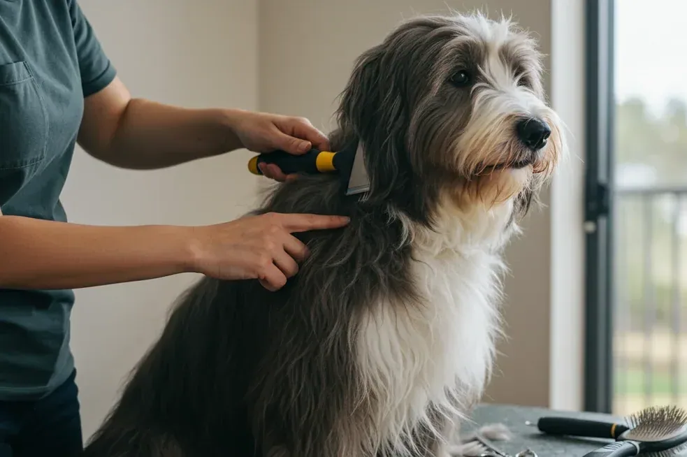 A bearded collie being brushed by a person in a sunny yard