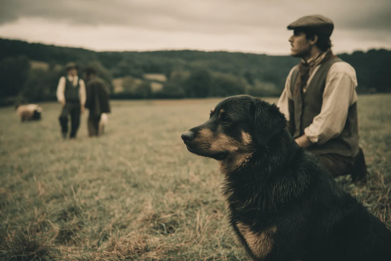 A Beauceron standing in a rustic French farmyard setting