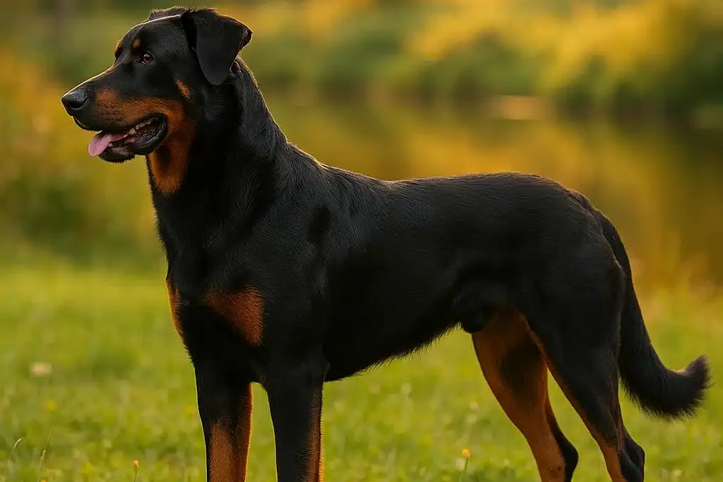 A Beauceron standing alertly in a grassy field, looking directly at the camera.