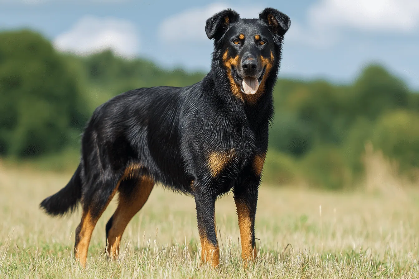 A Beauceron dog performing an obedience exercise in a grassy field.