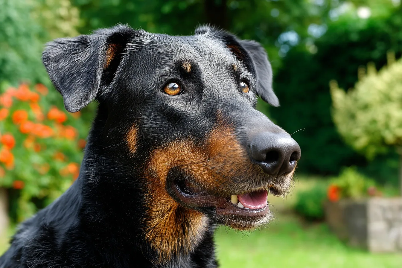 A Beauceron being brushed by a person in a sunny yard.