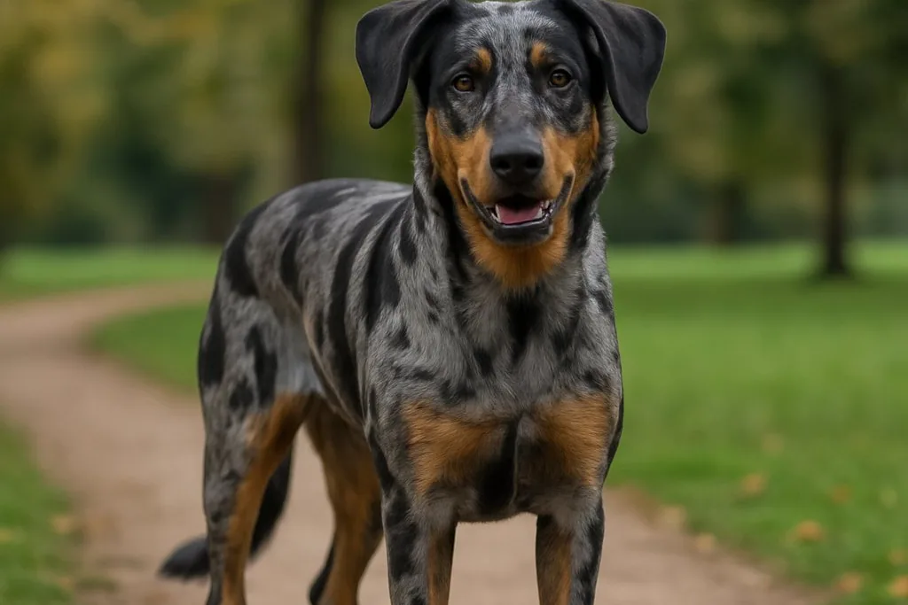 A Beauceron standing alertly in a grassy field, looking directly at the camera.